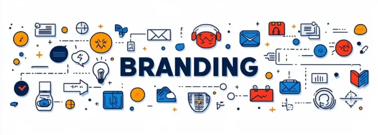 Ilustración sobre branding con símbolos de identidad, comunicación y experiencia de marca.